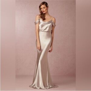 Jenny Yoo Serena Gold Satin Off Shoulder Gown Maxi Dress Bridesmaid Cowl Neck 8